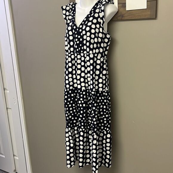 LOFT Navy White Polka Dot V-Neck Ruffled Flowy MIDI Dress- Medium - Picture 2 of 8